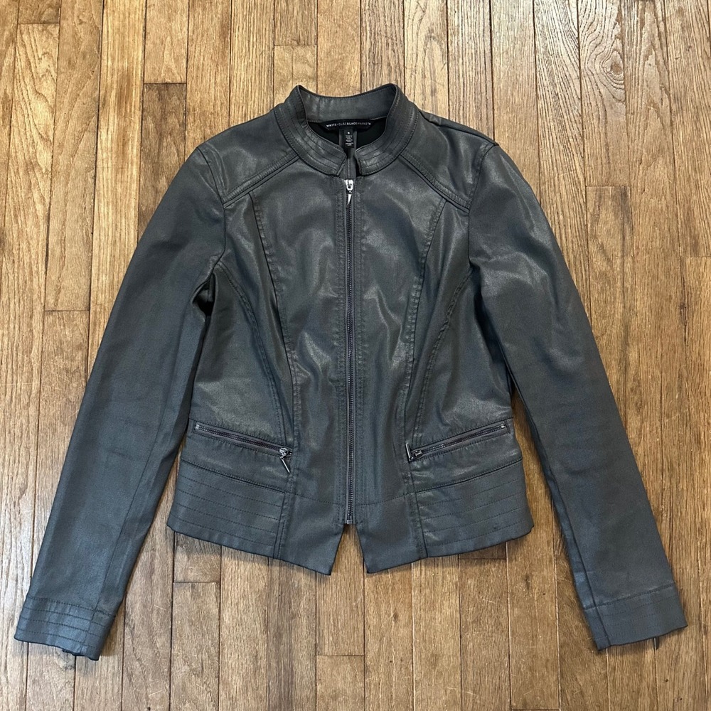 White House Black Market Moto Modal Faux Leather Jacket Women's Size 8‎ Gray Zip